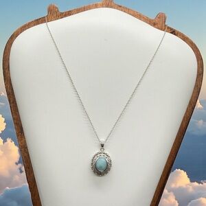 Vintage 925 Sterling Silver Larimar Cabochon Pendant Necklace Italy 18”